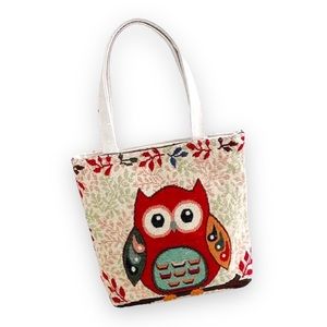 New Handmade Woman’s Ethnic Style Night Owl Canvas Embroidered Tote Bag